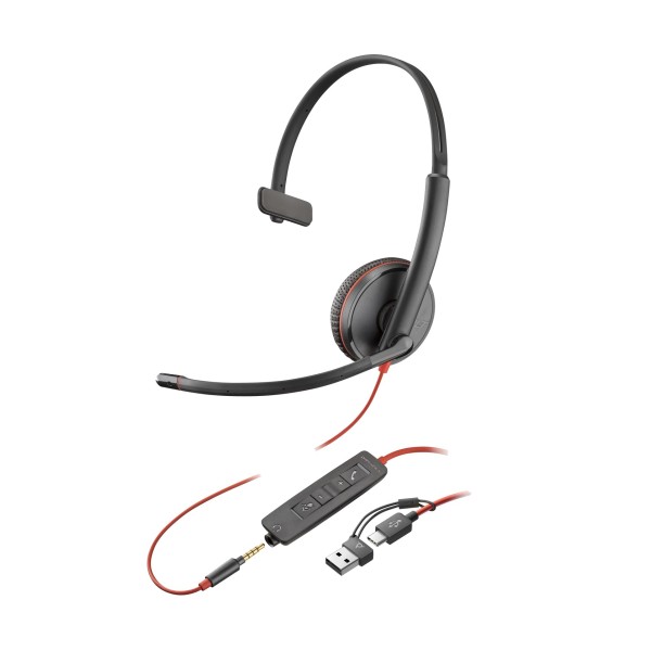 Auriculares monoaurales USB-C HP Poly Blackwire 3215 + enchufe de 3,5 mm + adaptador USB-C/A - Certificación de Microsoft Teams - Mono - USB tipo C, miniteléfono (3,5 mm) - Con cable - 32 ohmios - Supraaural - Monoaural - Auricular - Cable de 7,40 pies - 