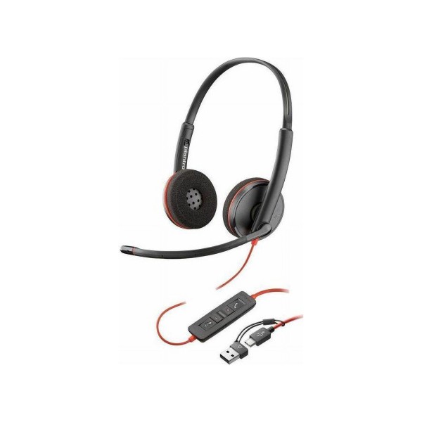 Auriculares HP Poly Blackwire 3220 estéreo USB-C negros + adaptador USB-C/A (a granel) - Estéreo - USB tipo C, miniteléfono (3,5 mm) - Con cable - 32 ohmios - 20 Hz a 20 kHz - Supraaural, supraaural - Binaural - Supraaural - Cable de 5,20 pies - Micrófono