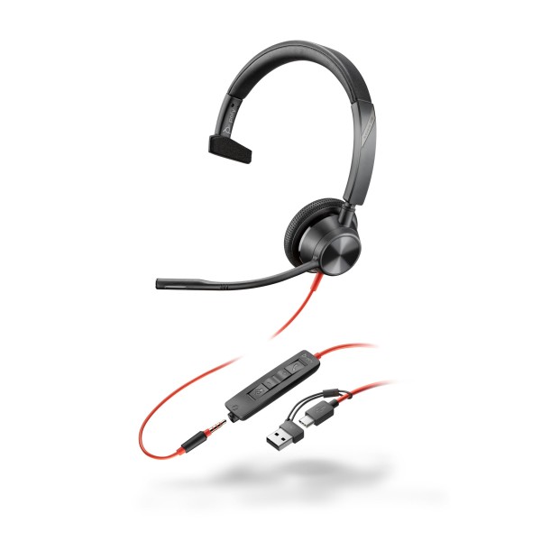 Auriculares monoaurales USB-C HP Poly Blackwire 3315 + enchufe de 3,5 mm + adaptador USB-C/A - Mono - USB tipo C, miniteléfono (3,5 mm) - Con cable - 32 ohmios - Supraaural - Monoaural - Auricular - Cable de 7 pies - Micrófono omnidireccional - Negro