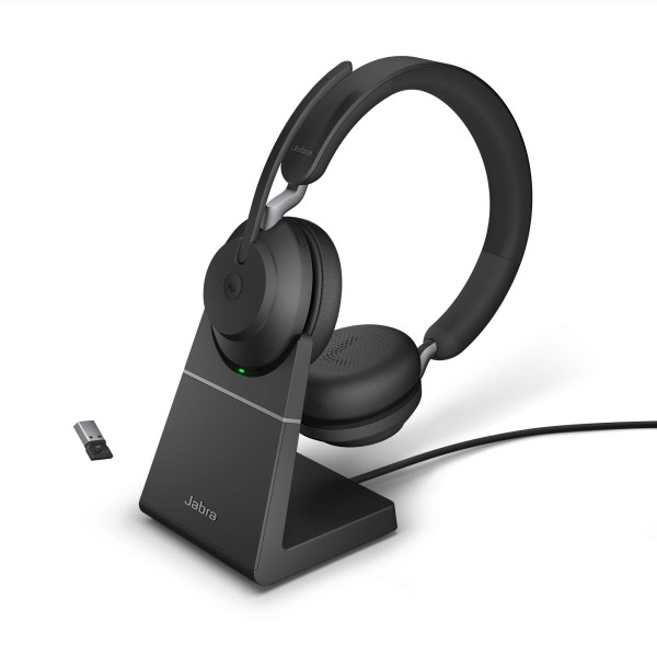 Auriculares Jabra Evolve2 65 con soporte de escritorio - Estéreo - USB tipo A - Inalámbricos - Bluetooth - Sobre la cabeza - Binaural - Supraaural - Negro