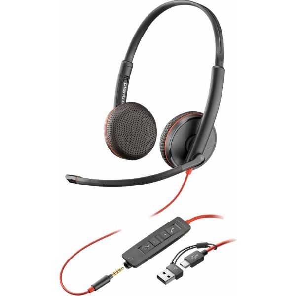 Auriculares estéreo HP Poly Blackwire 3225 + adaptador USB-C/A TAA - Certificación de Microsoft Teams - Estéreo - Miniteléfono (3,5 mm), USB tipo C - Con cable - 32 ohmios - 20 Hz a 20 kHz - Sobre la cabeza, sobre la oreja - Binaural - Supraaural - Cable 