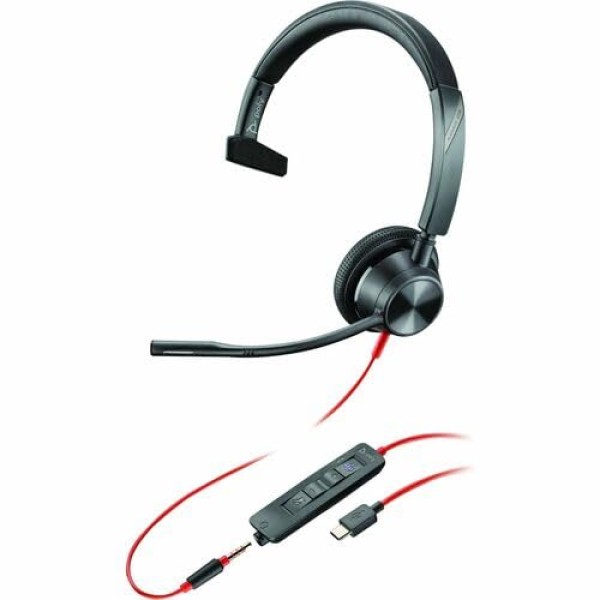 Auriculares HP Poly Blackwire 3310 USB-C TAA - Mono - USB tipo C - Con cable - 32 ohmios - 20 Hz - 20 kHz - Supraaurales - Monoaural - Auricular - Cable de 7,10 pies - Micrófono omnidireccional - Cancelación de ruido - Negro - Cumple con TAA