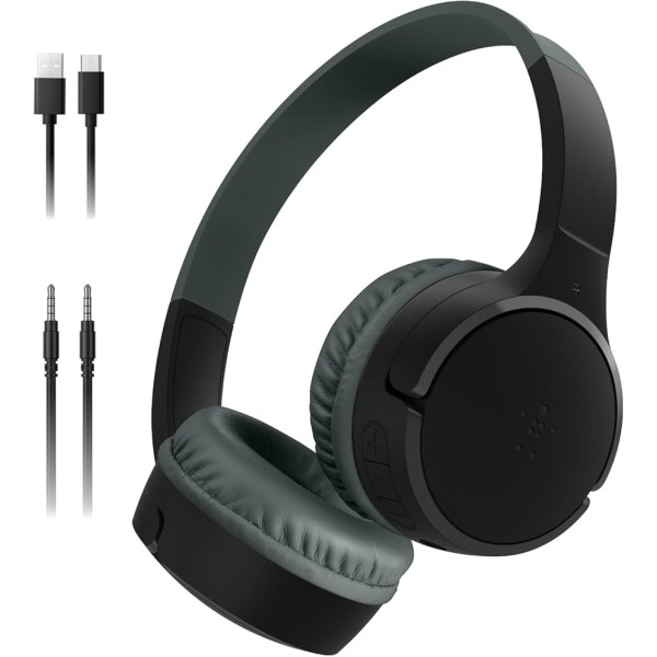 Belkin Auriculares supraaurales inalámbricos Bluetooth para niños con micrófono - Límite de 85 dB - con cable USB-C - Auriculares - Negro - Estéreo - Miniteléfono (3,5 mm) - Con cable/inalámbrico - Bluetooth - 30 pies - Supraaurales, supraaurales, supraau