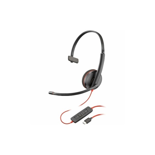 Auriculares HP Poly Blackwire 3210 negros + adaptador USB-C/A TAA (a granel) - Mono - USB tipo C - Con cable - 32 ohmios - Supraaurales - Monoaural - Cable de 2,50 pies - Micrófono omnidireccional con cancelación de ruido - Negro - Cumple con TAA