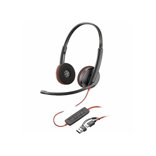 Auriculares estéreo HP Poly Blackwire 3220 + adaptador USB-C/A TAA - Certificación Microsoft Teams - Estéreo - USB tipo C - Con cable - 32 ohmios - 20 Hz a 20 kHz - Sobre la cabeza, sobre la oreja - Binaural - Supraaural - Cable de 5,20 pies - Micrófono c