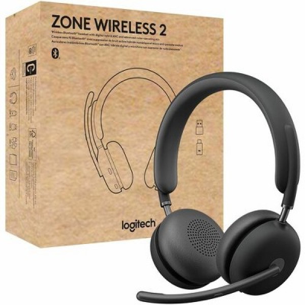 Auriculares inalámbricos Logitech Zone 2 - Certificación de Microsoft Teams Inalámbrico - Bluetooth - 164 pies - 20 Hz a 20 kHz - Sobre la cabeza - Micrófono omnidireccional con tecnología MEMS - Grafito